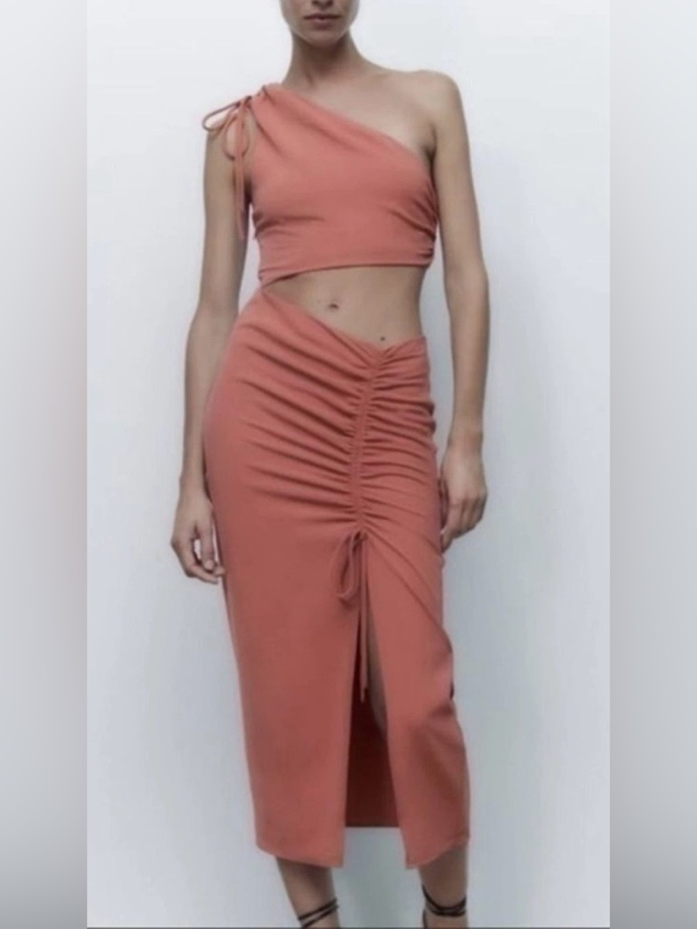 Zara Draped Asymmetric One Shoulder Ruched Midi Dress Large Cutout Marsala Rust